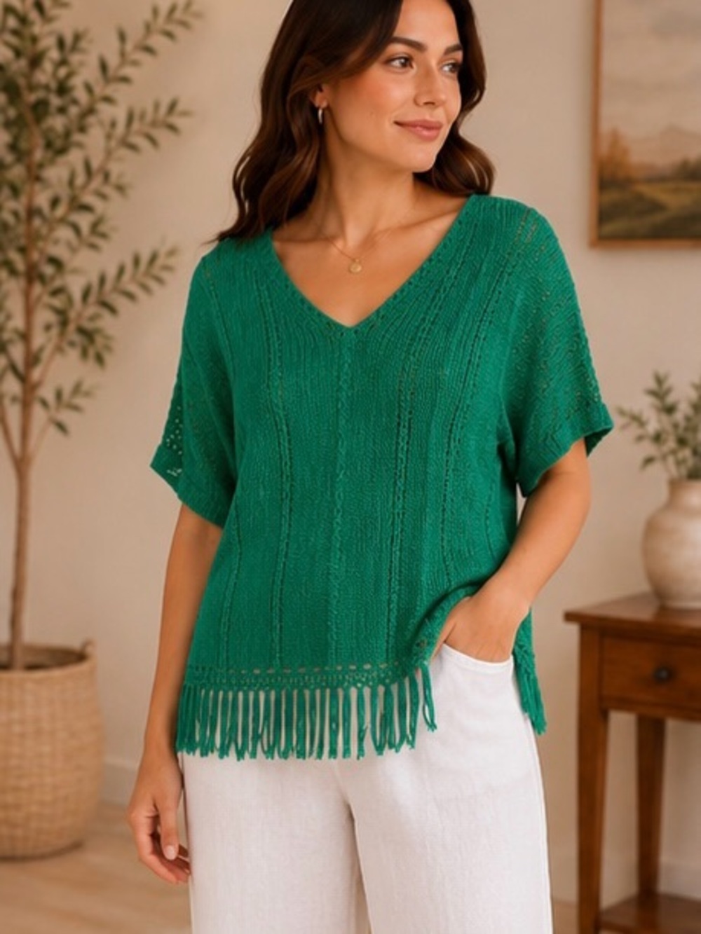 Chico’s Green Fringe Sweater Poncho Size L V Neck Knit Cotton Blend Pullover